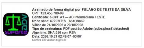 Carimbo de assinatura digital com a logo SuporteADV, nome, CPF, certificado e tipo de assinatura