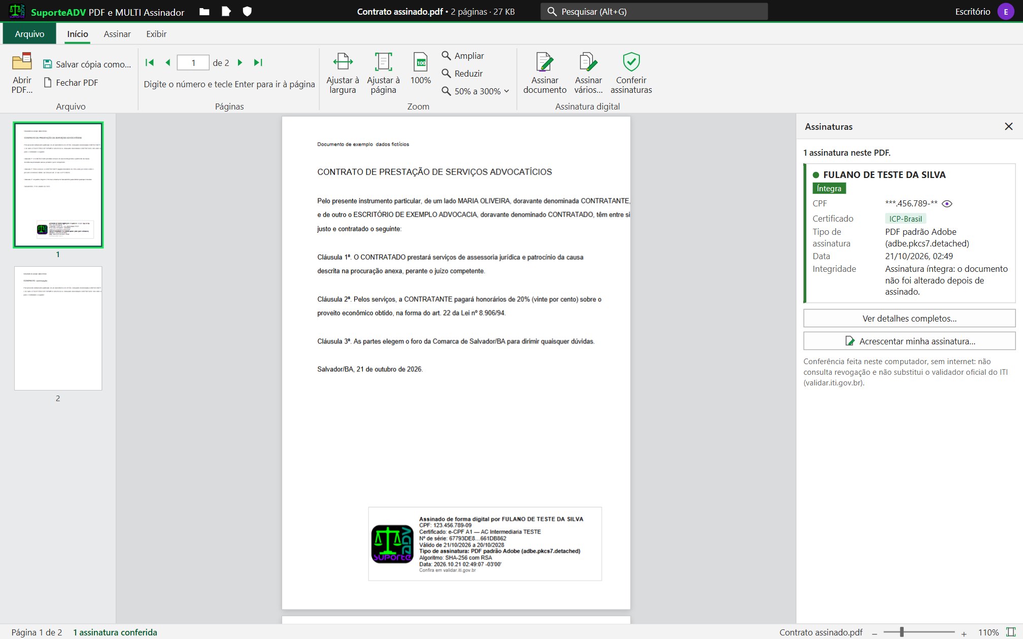 SuporteADV PDF e MULTI Assinador mostrando um PDF e o painel de assinaturas