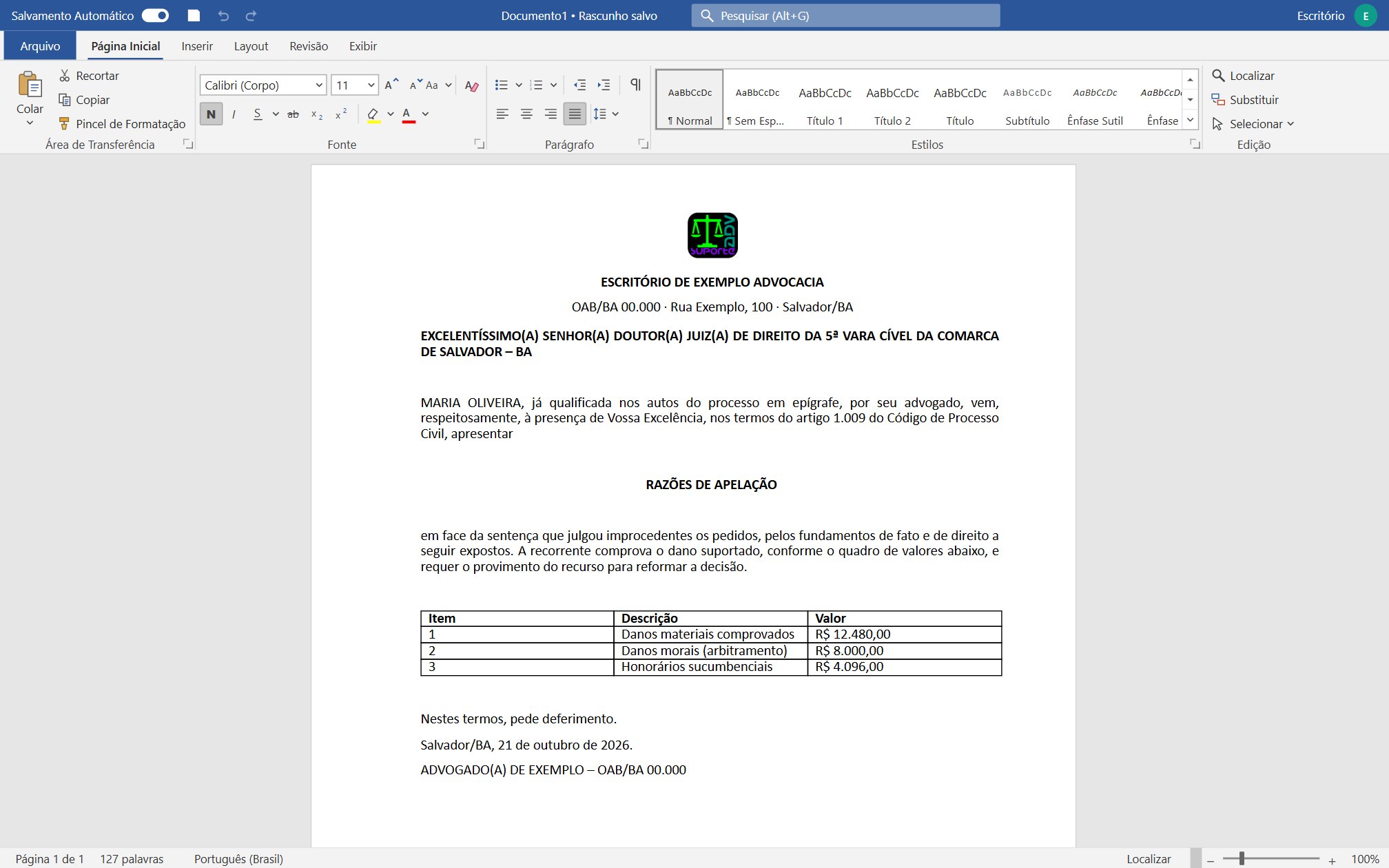 SuporteADV Texto com papel timbrado, tabela e faixa de opções igual à do Word