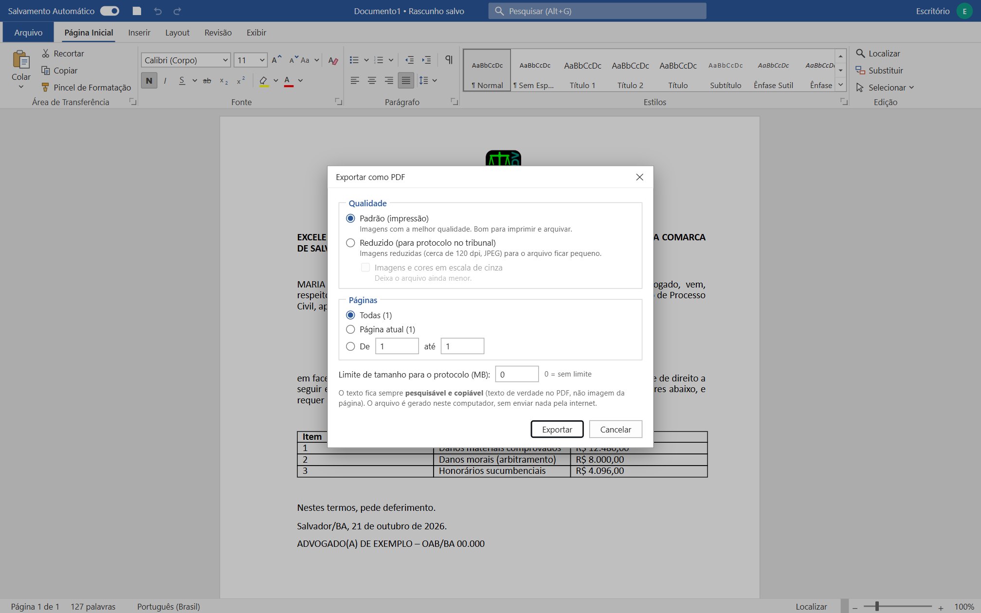 Caixa Exportar como PDF com qualidade padrão ou reduzida para protocolo